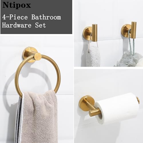 Ntipox 4 Piece Brushed Gold Stainless Steel Bathroom Hardware Set Include Hand Towel Ring, Toilet Paper Holder,and 2 Robe Towel Hooks,Bathroom Accessories Kit - Image 2