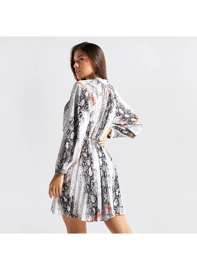 FAV All-Over Print Mini Pleated Shirt Dress with Tie-Ups and Band Collar