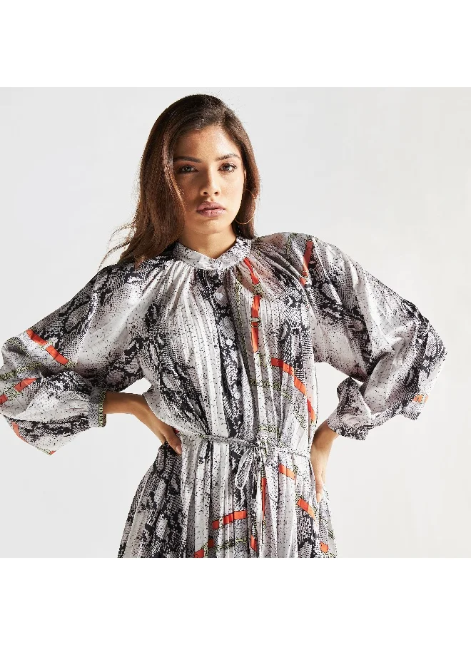 FAV All-Over Print Mini Pleated Shirt Dress with Tie-Ups and Band Collar