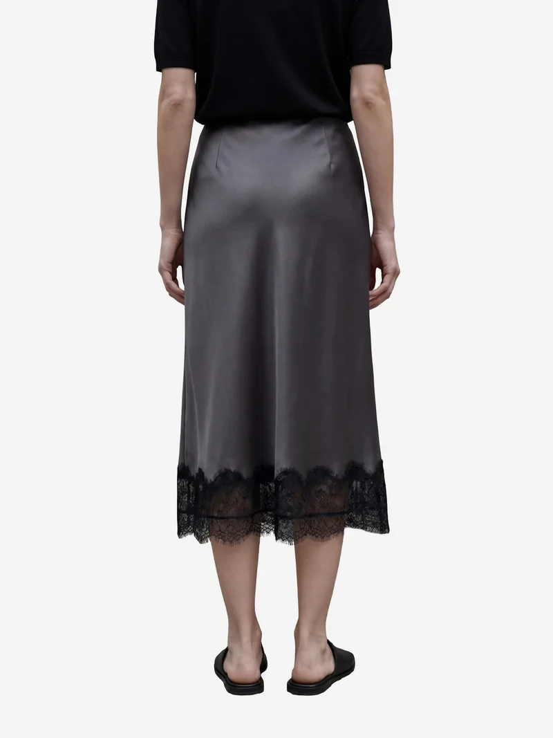 MY FASHION Slate Grey MY FASHION Lace Detailed Satin Midi Skirt for Women | Best Price UAE