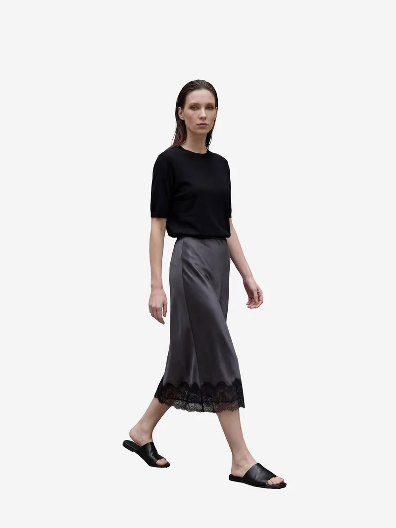 MY FASHION Lace Detailed Satin Midi Skirt
