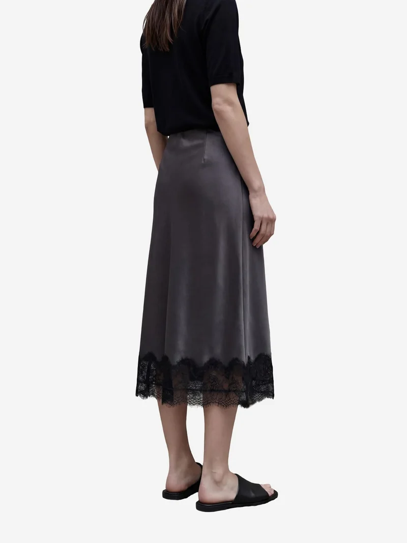 MY FASHION Slate Grey MY FASHION Lace Detailed Satin Midi Skirt for Women | Best Price UAE