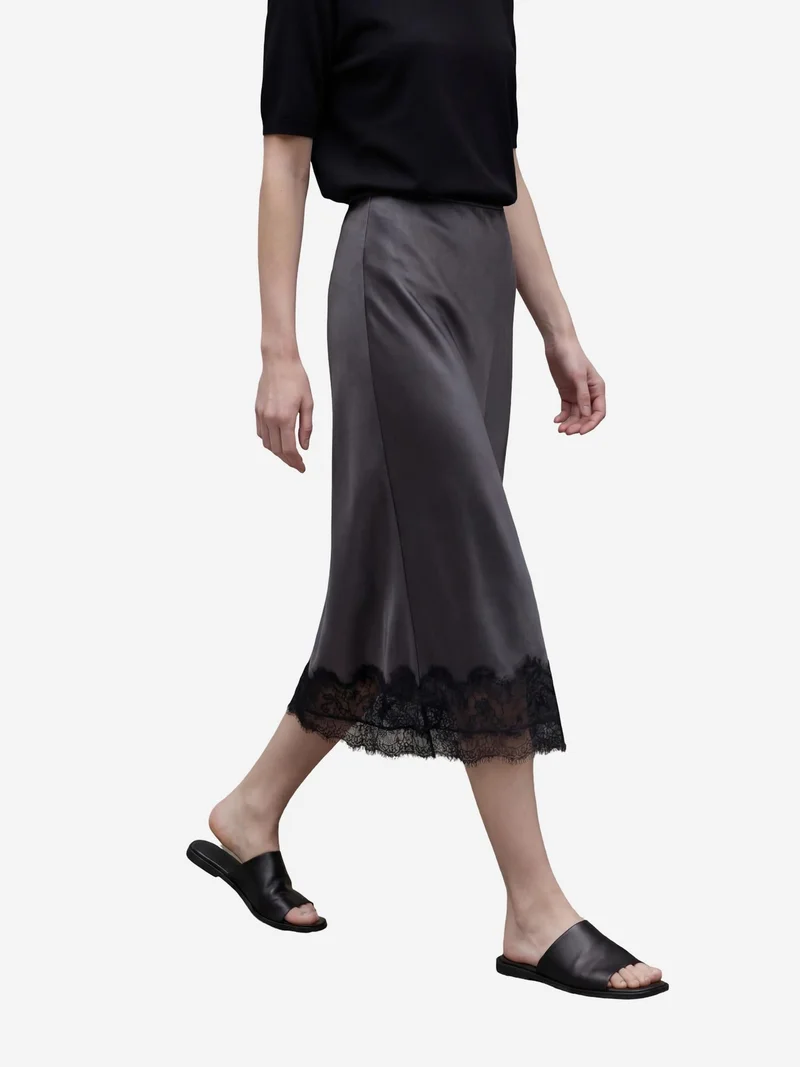 MY FASHION Slate Grey MY FASHION Lace Detailed Satin Midi Skirt for Women | Best Price UAE