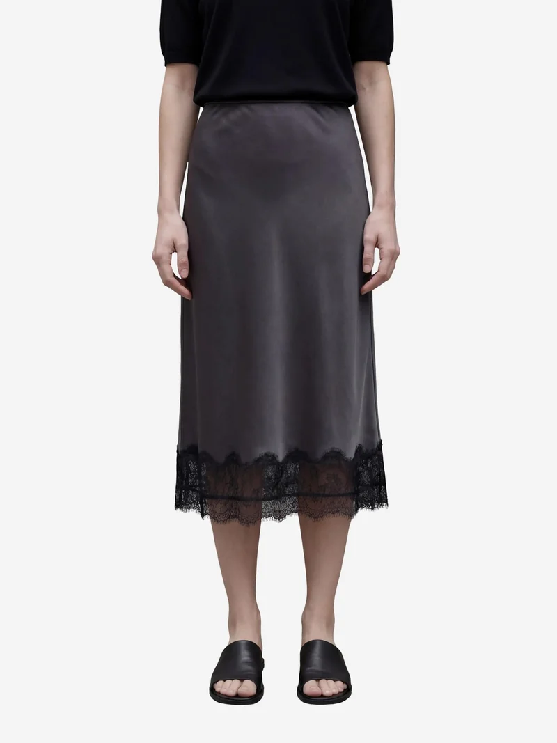 MY FASHION Slate Grey MY FASHION Lace Detailed Satin Midi Skirt for Women | Best Price UAE