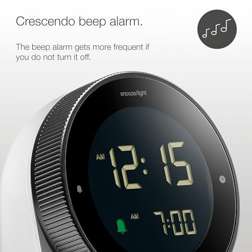 Braun Digital Alarm Clock with Snooze, Negative LCD Display, Rotating Bezel for Quick time Setting, Crescendo Beep Alarm in White, Model BC24W. - Image 3