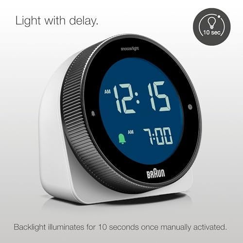 Braun Digital Alarm Clock with Snooze, Negative LCD Display, Rotating Bezel for Quick time Setting, Crescendo Beep Alarm in White, Model BC24W. - Image 4