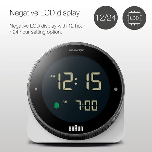 Braun Digital Alarm Clock with Snooze, Negative LCD Display, Rotating Bezel for Quick time Setting, Crescendo Beep Alarm in White, Model BC24W. - Image 5