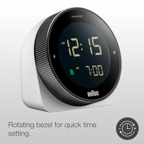 Braun Digital Alarm Clock with Snooze, Negative LCD Display, Rotating Bezel for Quick time Setting, Crescendo Beep Alarm in White, Model BC24W. - Image 2