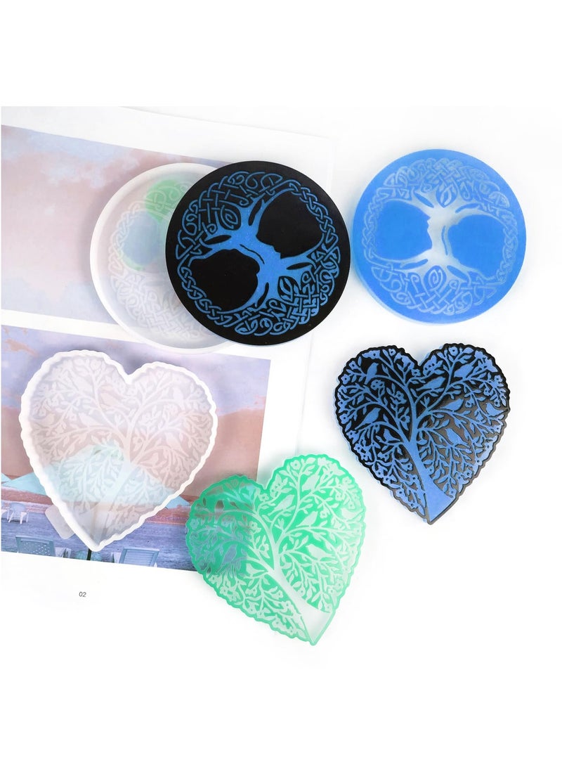 Excefore Resin Molds, 4PCS Tree of Life Resin Molds, Heart and Round Coaster Silicone Molds for Epoxy Resin Casting, DIY Drink Coasters, Art Cups Mat, and Candle Holders - Image 1