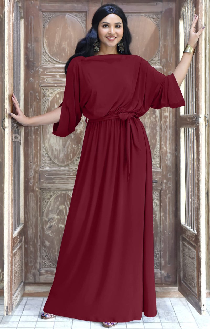 KOH KOH Womens Long Flowy Casual Short Half Sleeve with Sleeves Fall Winter Floor Length Evening Modest A-line Formal Maternity Gown Gowns Maxi Dress Dresses, Crimson Dark Red M 8-10 - Image 4