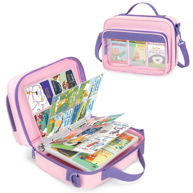 LoDrid Trading Card Binder 4 Pocket Compatible with Yoto Cards with 50 Removable Sleeves Holds up to 409 Cards, Card Case with Handle and Shoulder Strap for Travel, Pink, Bag Only, Patent Design - Image 1