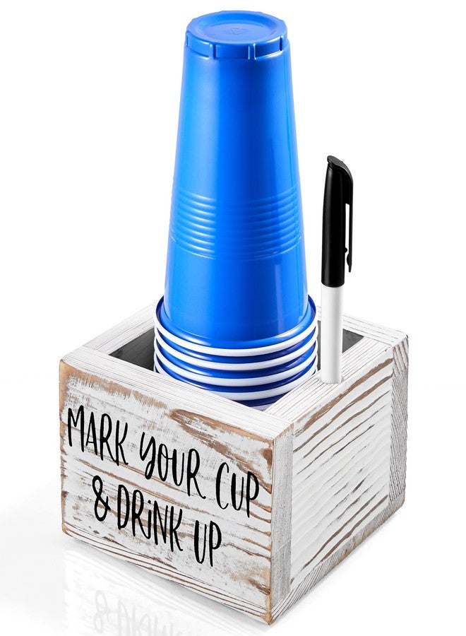DRASTAR Disposable Cup Holder with Marker Slot, Mark Your Cup and Drink Up Caddy, Hosting Essentials Drink Holder for Party Bar, Vintage Wood Cup Holder for Kitchen Decor Hostess, Retro White - Image 1