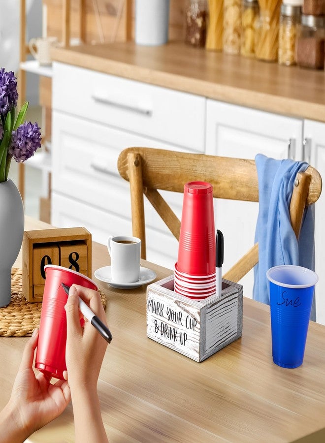 DRASTAR Disposable Cup Holder with Marker Slot, Mark Your Cup and Drink Up Caddy, Hosting Essentials Drink Holder for Party Bar, Vintage Wood Cup Holder for Kitchen Decor Hostess, Retro White - Image 5