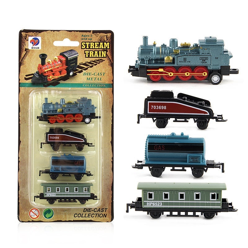 Foreign trade English version alloy car model retro steam pull-back simulation train childrens toy car can be freely spliced YL517 Blue 85g