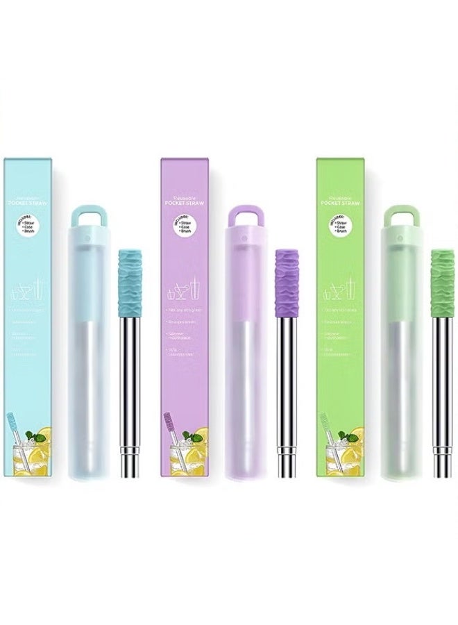 EETU Metal Straws,3 Pack Reusable Collapsible Stainless Steel Straw,Portable Telescopic Straws Drinking Easy To Clean With Silicone Tips,Travel Case,Keychain,Cleaner Brush - Image 1