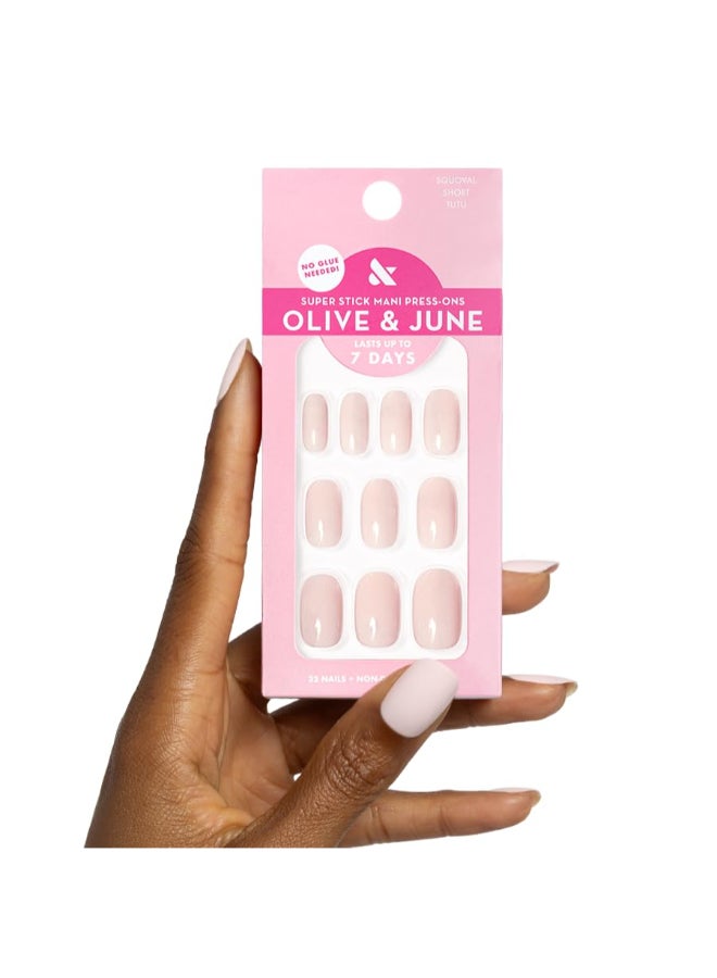 Olive & June Olive June Classic Super Stick Mani Press On Nails Valentines Day Short Squoval No Glue Needed 32 Tab Nails in 16 Sizes NonToxic Tabs Easy OnOff NonDamaging 7Day Wear Tutu Pastel Pink - Image 1
