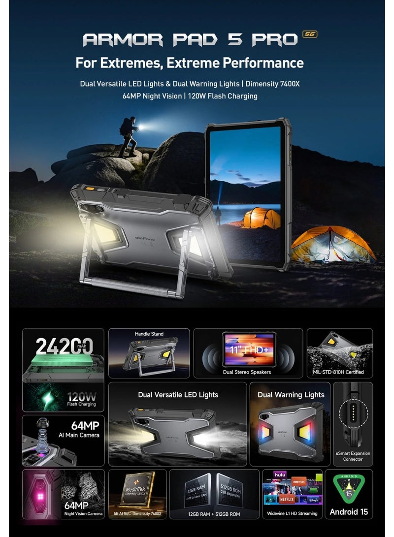أوليفون Ulefone Armor Pad 5 Pro 5G Rugged Tablet | 12GB RAM + 512GB Storage | 11" FHD+ 90Hz Display | 24200mAh Battery, 120W Fast Charging | 64MP Night Vision | Dimensity 7400X | IP68/IP69K | Android 15 | Black - Image 2