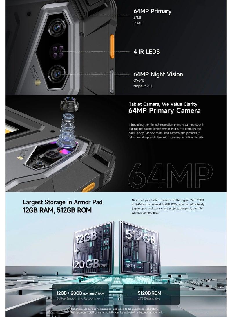 أوليفون Ulefone Armor Pad 5 Pro 5G Rugged Tablet | 12GB RAM + 512GB Storage | 11" FHD+ 90Hz Display | 24200mAh Battery, 120W Fast Charging | 64MP Night Vision | Dimensity 7400X | IP68/IP69K | Android 15 | Black - Image 5