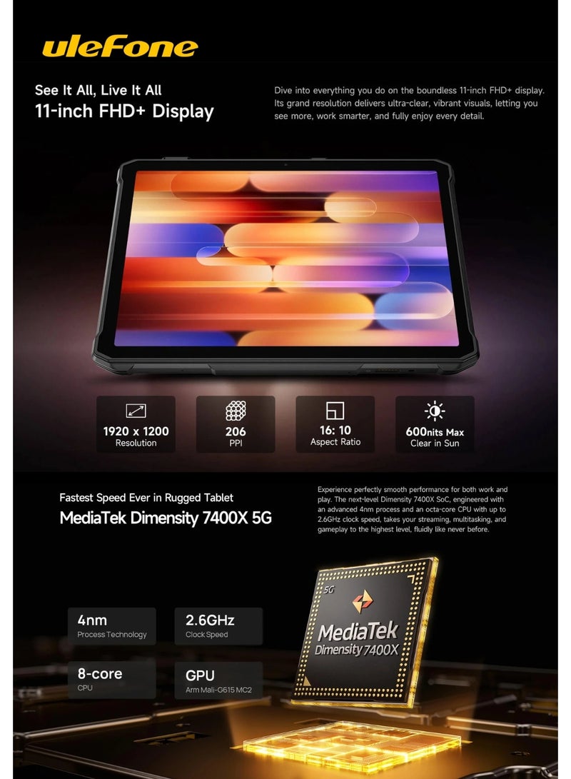 أوليفون Ulefone Armor Pad 5 Pro 5G Rugged Tablet | 12GB RAM + 512GB Storage | 11" FHD+ 90Hz Display | 24200mAh Battery, 120W Fast Charging | 64MP Night Vision | Dimensity 7400X | IP68/IP69K | Android 15 | Black - Image 4