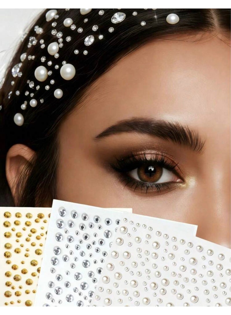 3 sheets of hair stickers in gold, pearl and silver, self-adhesive stickers, gold, pearl and silver stickers for crafts, gold sticker, hair and face jewels, gold, pearl and silver face stickers, nail makeup and craft stickers, assorted sizes (pearl - silver - gold) - Image 1