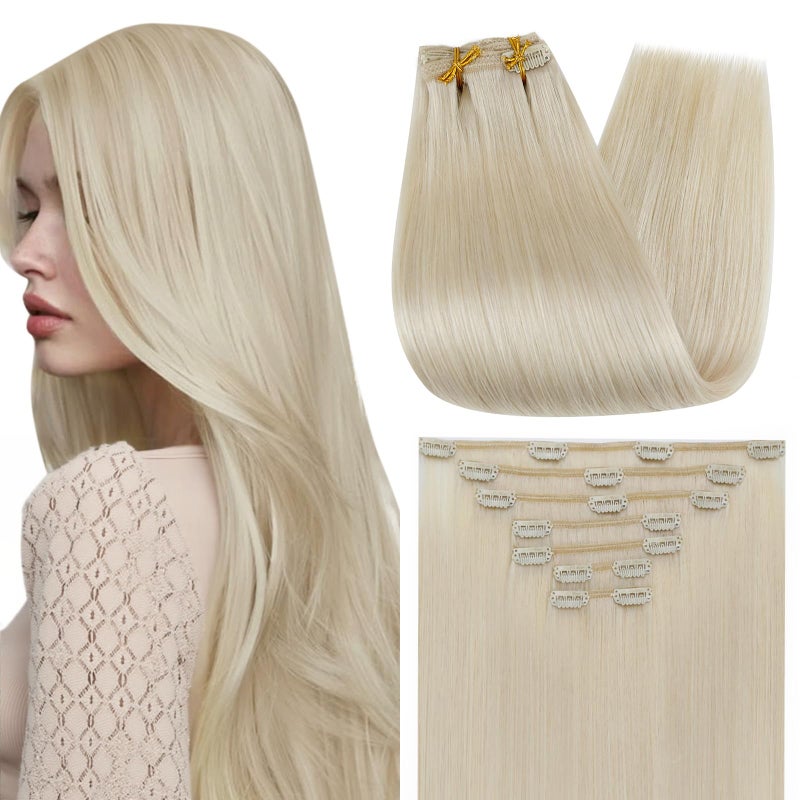 Full Shine Blonde Hair Extensions Real Human Hair 14 Inch Clip in Hair Extensions White Blonde Invisible Remy Straight Hair for Medium Length 7 Pcs 120 G