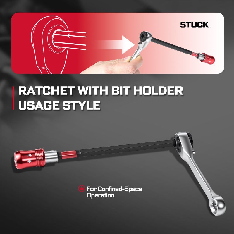 Geinxurn 59Pcs 2-in-1 Dual End T-Handle Ratchet Wrench Set, 72-Tooth 1/4" Reversible Ratchet with Bit Holder, Socket Adapter and 1â€ Impact Screwdriver Bits (Phillips/Torx/Hex) in Coded Base for Repair - Image 4