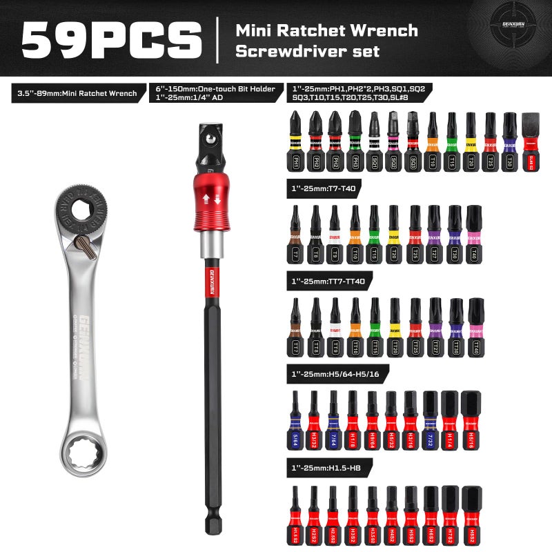 Geinxurn 59Pcs 2-in-1 Dual End T-Handle Ratchet Wrench Set, 72-Tooth 1/4" Reversible Ratchet with Bit Holder, Socket Adapter and 1â€ Impact Screwdriver Bits (Phillips/Torx/Hex) in Coded Base for Repair - Image 2