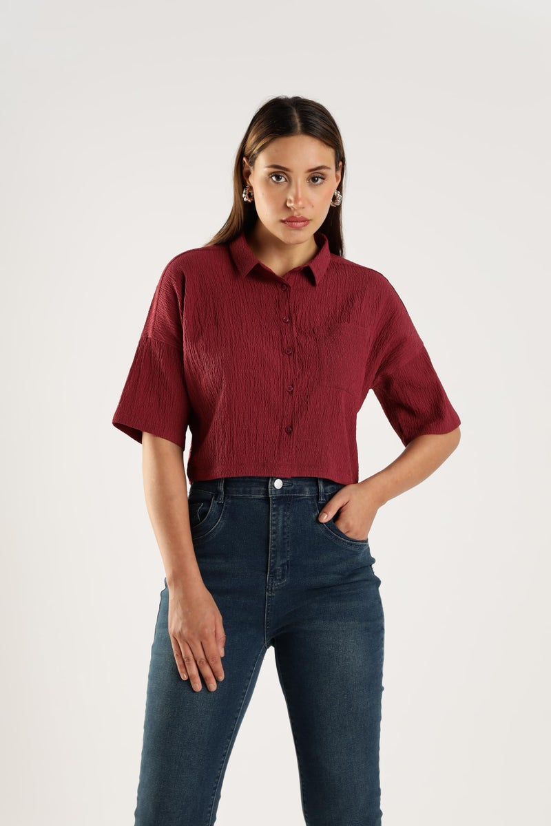 FYLTR Women's Casual Solid Textured Crop Shirt -Boxy Fit | Half Sleeves Drop Shoulder | Tops for Jeans (FYLSS25WB-1326-Pomegranate-M) - Image 2