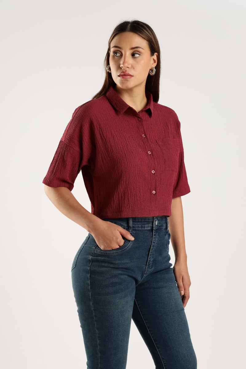FYLTR Women's Casual Solid Textured Crop Shirt -Boxy Fit | Half Sleeves Drop Shoulder | Tops for Jeans (FYLSS25WB-1326-Pomegranate-M) - Image 4