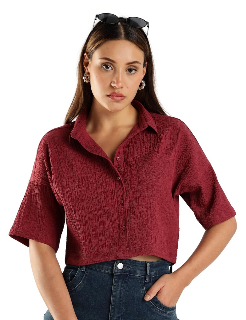 FYLTR Women's Casual Solid Textured Crop Shirt -Boxy Fit | Half Sleeves Drop Shoulder | Tops for Jeans (FYLSS25WB-1326-Pomegranate-M) - Image 3