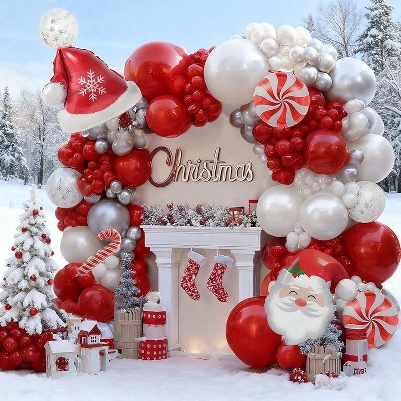 Partycus Red White Christmas Balloon Arch Kit Double Stuffed Ruby Red Pearl White Silver Balloon Garland with Snowflake Latex Santa Hat Foil Balloons for Winter Xmas Birthday Baby Shower New Year Party Decor - Image 3