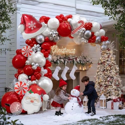 Partycus Red White Christmas Balloon Arch Kit Double Stuffed Ruby Red Pearl White Silver Balloon Garland with Snowflake Latex Santa Hat Foil Balloons for Winter Xmas Birthday Baby Shower New Year Party Decor - Image 5