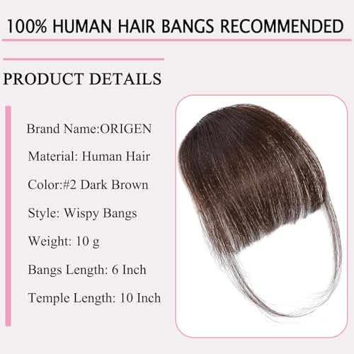 ORIGEN Clip in Bangs Real Human Hair Clip on Wispy Bangs Fringe with Temples Hairpieces Fake Front Bangs Extensions for Women Dark Brown Color - Image 3