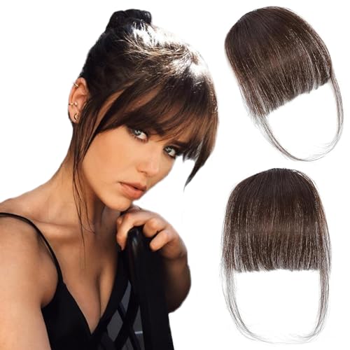 ORIGEN Clip in Bangs Real Human Hair Clip on Wispy Bangs Fringe with Temples Hairpieces Fake Front Bangs Extensions for Women Dark Brown Color - Image 1