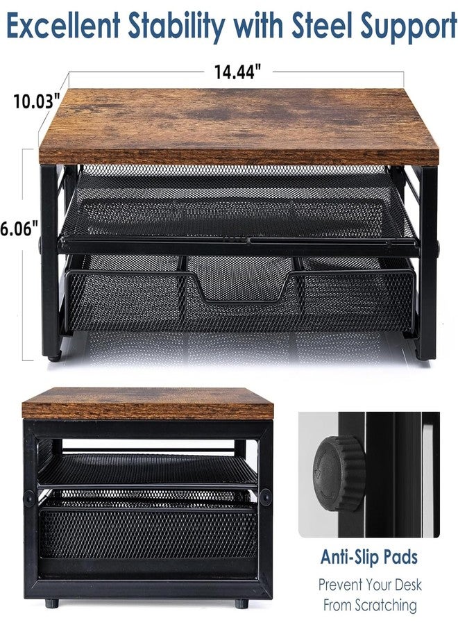 ARCOBIS Monitor Riser with Drawers and Pen Holders, Wood & Mesh Metal Computer Monitor Stand with Storage for Desk, Rustic Brown - Image 3