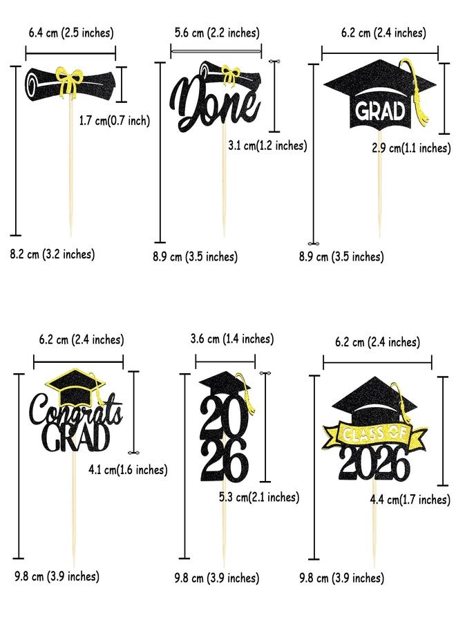 Chewarelly 24 Pack 2026 Congrats Grad Cupcake Toppers Set, Pre Assemble Graduation Cupcake Decor, Class of 2026 Cupcake Picks for Senior High School College Grad Party Decorations(Black with Gold) A - Image 2