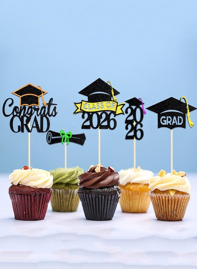Chewarelly 24 Pack 2026 Congrats Grad Cupcake Toppers Set, Pre Assemble Graduation Cupcake Decor, Class of 2026 Cupcake Picks for Senior High School College Grad Party Decorations(Black with Gold) A - Image 4
