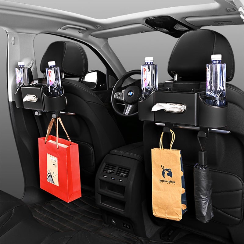 Joezhe Back Seat Car Organizer,4 in 1 Multifunctional Car Back Seat Storage Box with Drink Cup Holder Tissue Box, for Hold Phone,Snacks, Drinks, Handbag-Black-2Packs - Image 1
