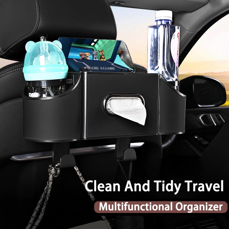 Joezhe Back Seat Car Organizer,4 in 1 Multifunctional Car Back Seat Storage Box with Drink Cup Holder Tissue Box, for Hold Phone,Snacks, Drinks, Handbag-Black-2Packs - Image 2