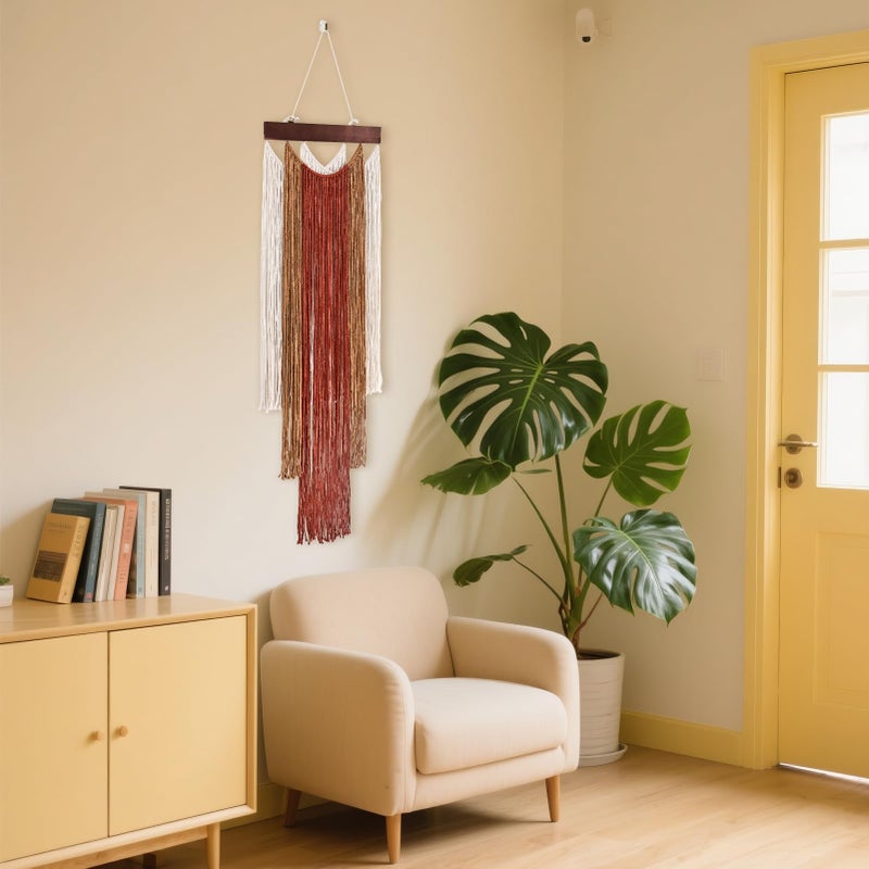 iHUFeather Macrame Wall Hanging Boho Wall Tapestry, Handmade Woven Wall Art for Living Room Bedroom Bohemian Home Decor 47.2" L x 15.7" W (Deep Red) - Image 4