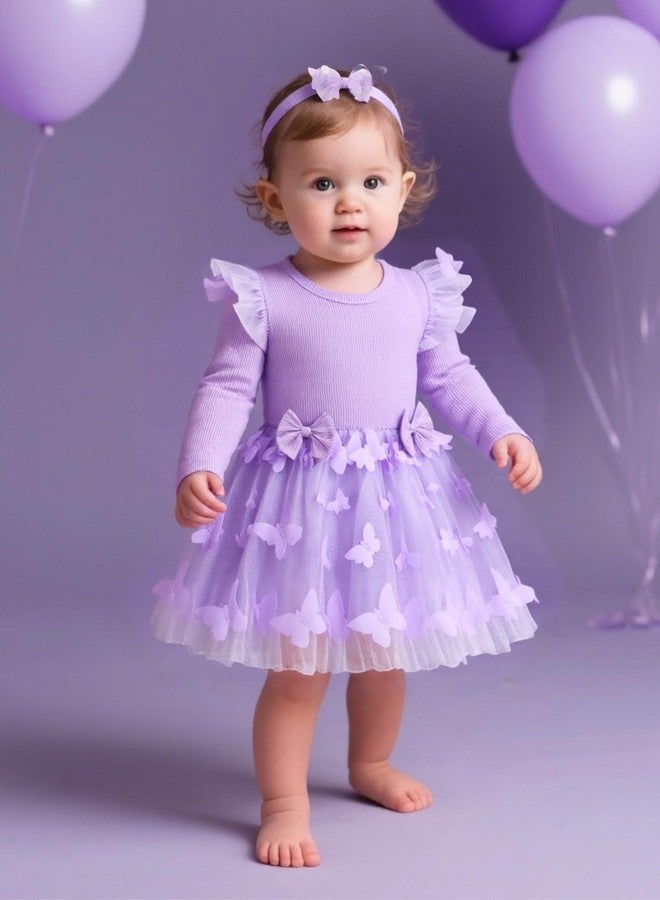 FUNMETA Baby Toddler Girls Butterfly Tutu Dress Purple Birthday Wedding Party Dresses Long Sleeve Tulle Princess Sundress with Headband 9-12 Months/063 - Image 2