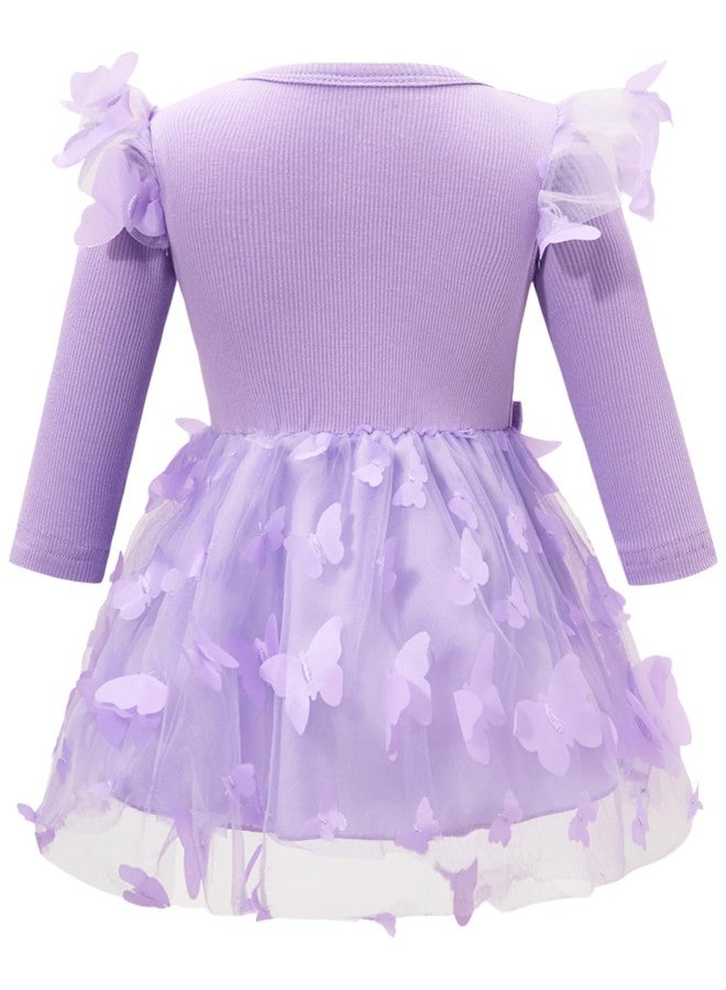 FUNMETA Baby Toddler Girls Butterfly Tutu Dress Purple Birthday Wedding Party Dresses Long Sleeve Tulle Princess Sundress with Headband 9-12 Months/063 - Image 3