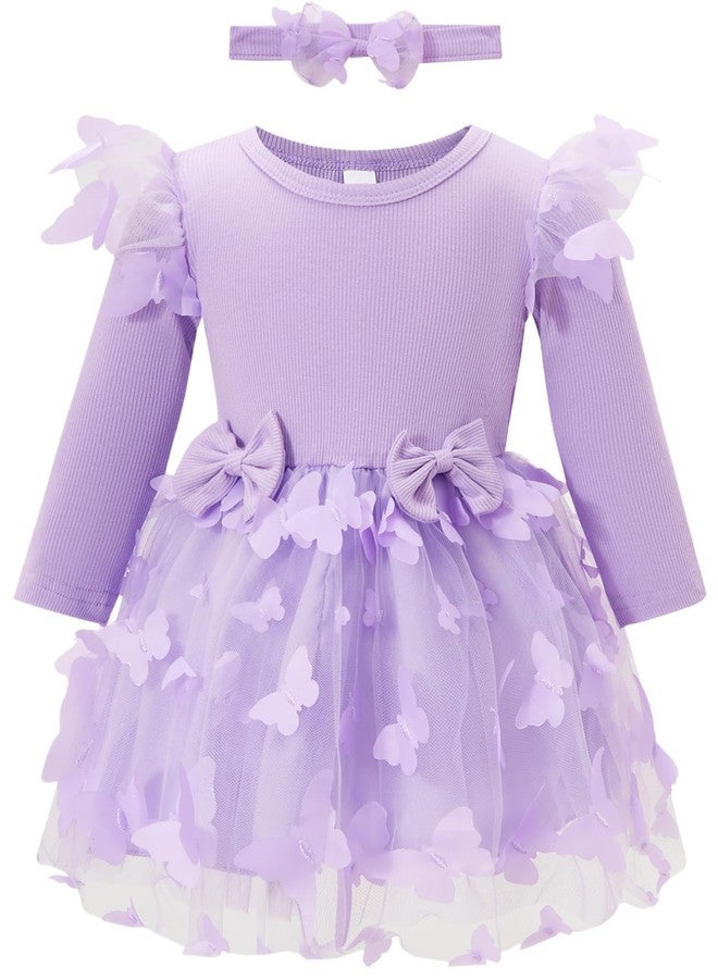 FUNMETA Baby Toddler Girls Butterfly Tutu Dress Purple Birthday Wedding Party Dresses Long Sleeve Tulle Princess Sundress with Headband 9-12 Months/063 - Image 1