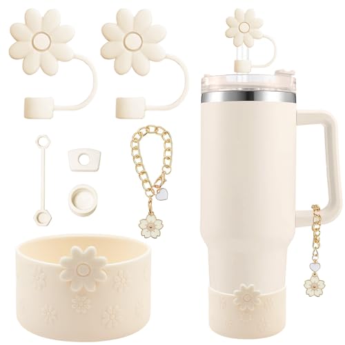 Hpebl 7Pcs Cup Accessories for Stanely Cups 40&30oz Cream Flower Silicone Boot Straw Covers Toppers 10mm(0.4in) Silicone Spill-Proof Stopper Set Handle Charm for Stanely Tumbler Accessorises - Image 1