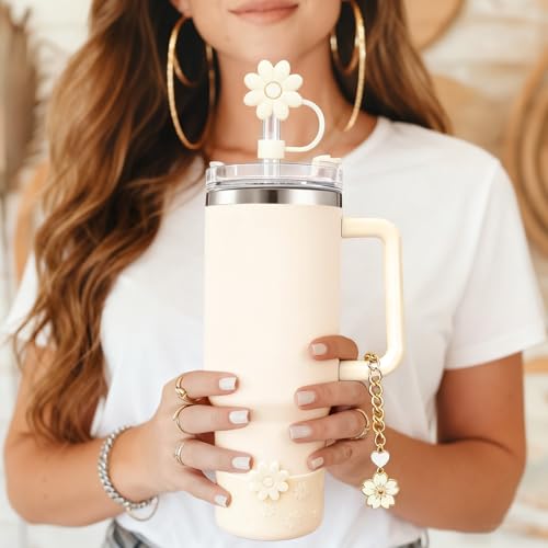 Hpebl 7Pcs Cup Accessories for Stanely Cups 40&30oz Cream Flower Silicone Boot Straw Covers Toppers 10mm(0.4in) Silicone Spill-Proof Stopper Set Handle Charm for Stanely Tumbler Accessorises - Image 5