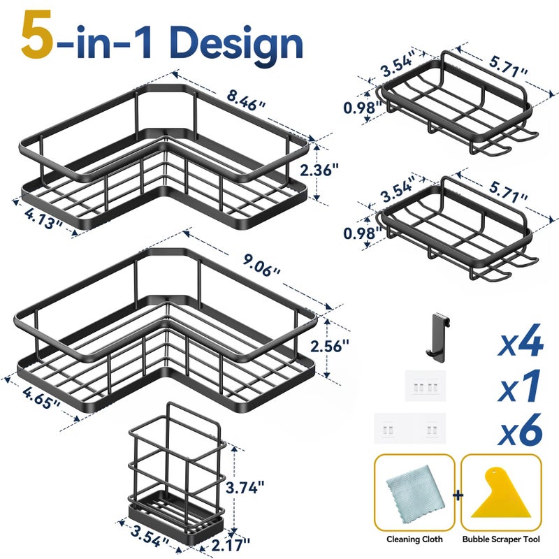 YASONIC Corner Shower Caddy, 5-Pack Adhesive Rustproof Stainless Steel Shower Organizer with Soap Holder, No Drilling Shower Shelf for Inside Shower, Dorm, Renters, Black - Image 2