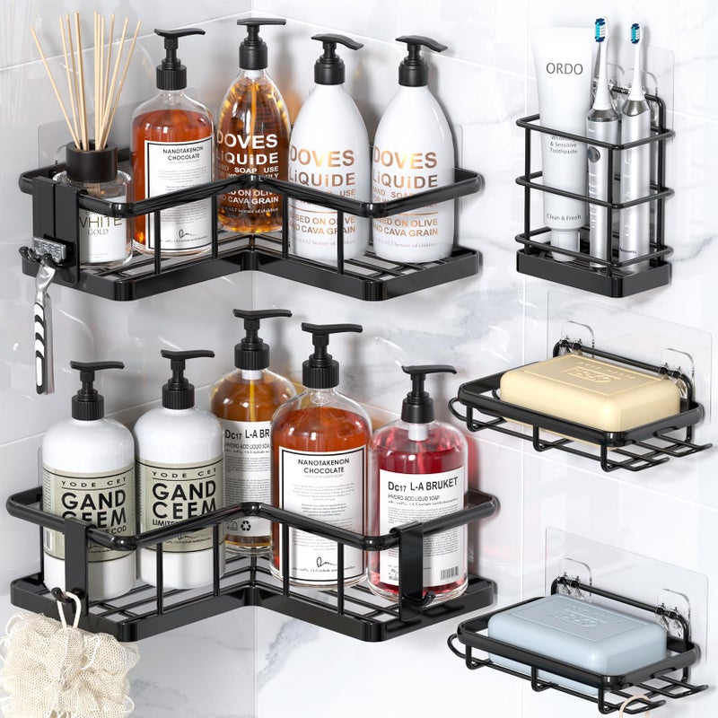 YASONIC Corner Shower Caddy, 5-Pack Adhesive Rustproof Stainless Steel Shower Organizer with Soap Holder, No Drilling Shower Shelf for Inside Shower, Dorm, Renters, Black - Image 1
