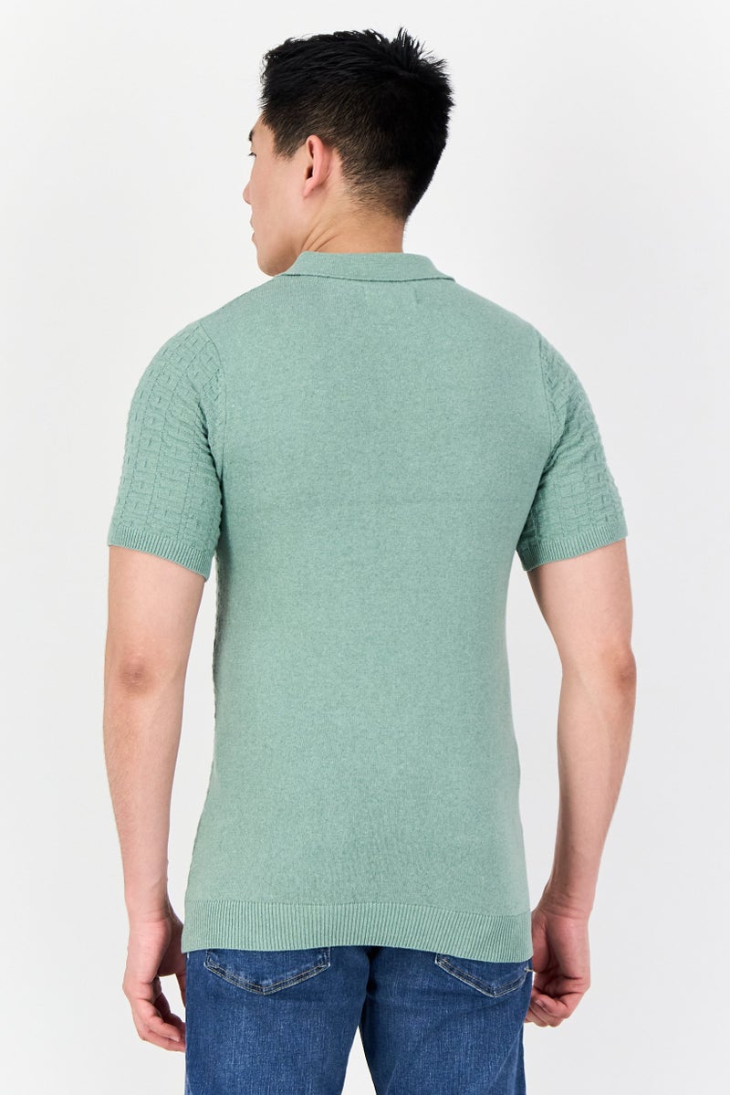 Threadbare Men Regular Fit Textured Short Sleeve Polo Shirt, Sage Green - Image 3