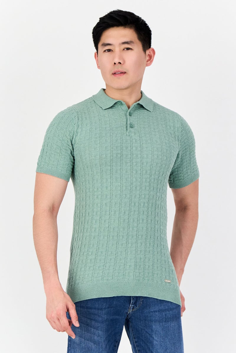 Threadbare Men Regular Fit Textured Short Sleeve Polo Shirt, Sage Green - Image 1