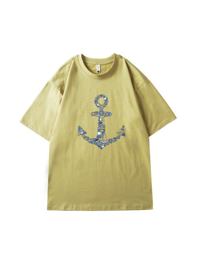 European And American Minimalist Oversized Versatile Mercerized Cotton T-shirt For Men, Summer Loose Solid Color Printed Short-sleeve Breathable T-shirt